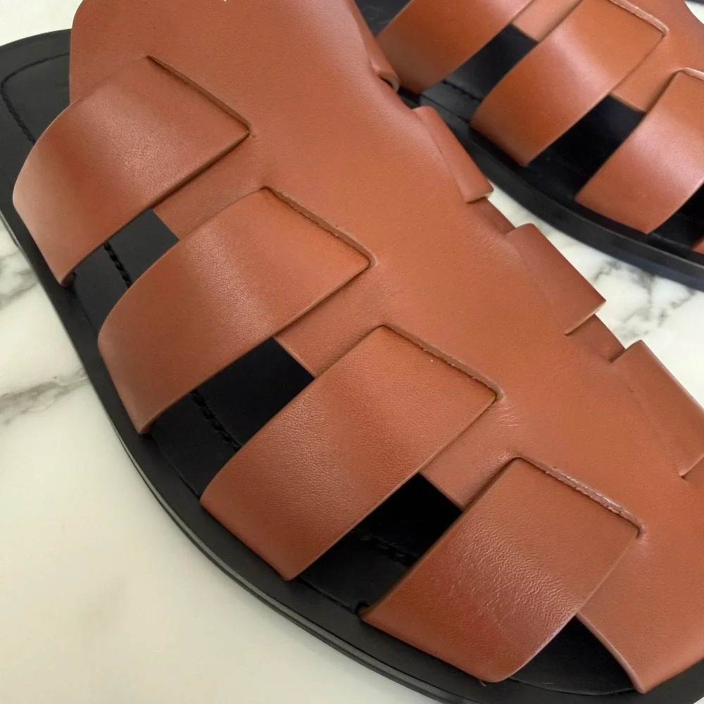 Prada 2X3145 Cognac Leather Fisherman's Mules Sandals Shoes, Sz. US 8.5 (UK 7.5)